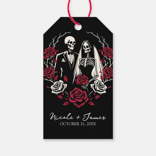 Rote und Schwarz-weiße Rose Skeleton Couple Weddin Geschenkanhänger (Vorderseite)