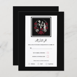 Rote und Schwarz-weiße Rose Skeleton Wedding RSVP Einladung