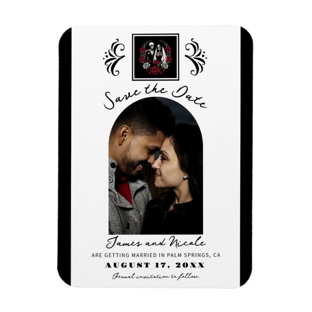 Rote und Schwarz-weiße Rose Skeletton Save the Dat Magnet (Vertikal)