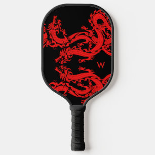 Rote und schwarze chinesische Drachen Monogramm hi Pickleball Schläger