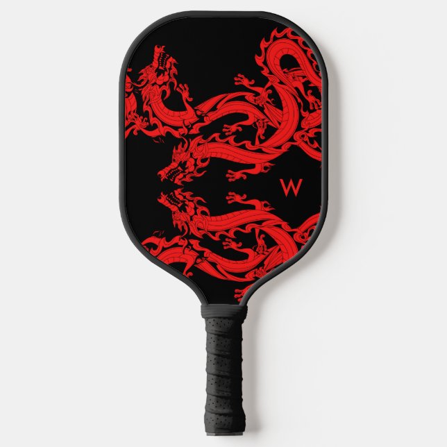Rote und schwarze chinesische Drachen Monogramm hi Pickleball Schläger (Vorderseite)