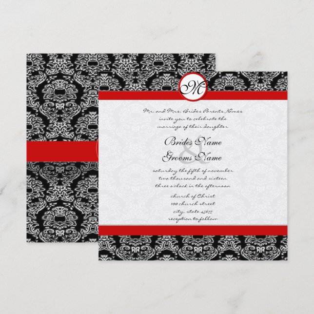 Rote und schwarze Damasken-Wirbel Hochzeitsfeiern Einladung (Vorne/Hinten)