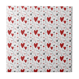Rote und schwarze Doodle-Herzen Liebe Fliese