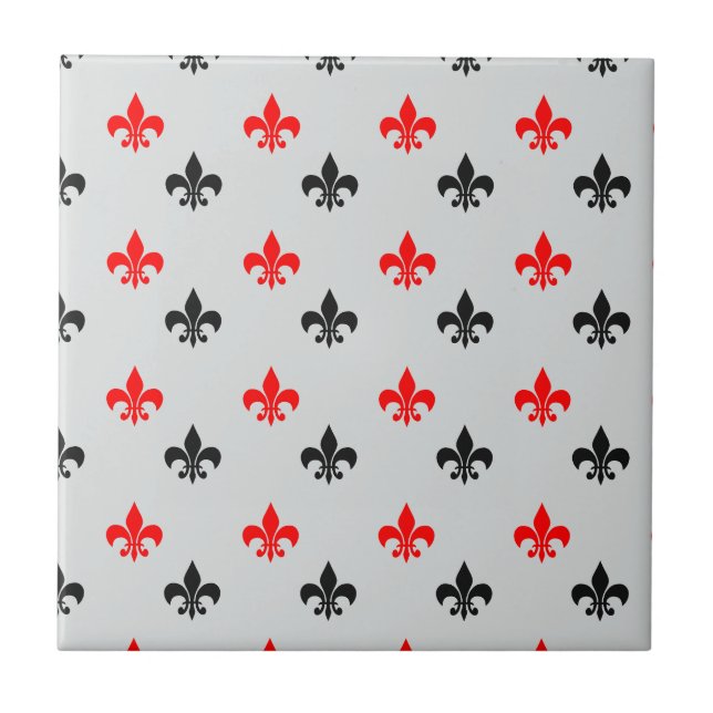 Rote und schwarze Fleur de Lis Fliese (Vorderseite)