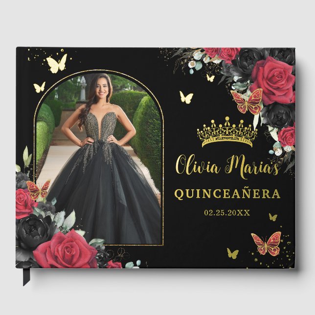 Rote und schwarze Flora Schmetterlinge Quinceañera Gästebuch (Vorderseite)