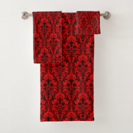 Rote und schwarze Floral Damask 2 Badhandtuch Set
