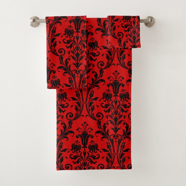 Rote und schwarze Floral-Damaskus Badhandtuch Set (Insitu)