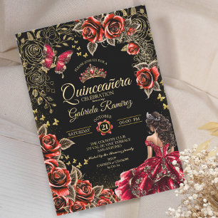 Rote und schwarze goldene Tiara-Rosen Quinceañera Einladung
