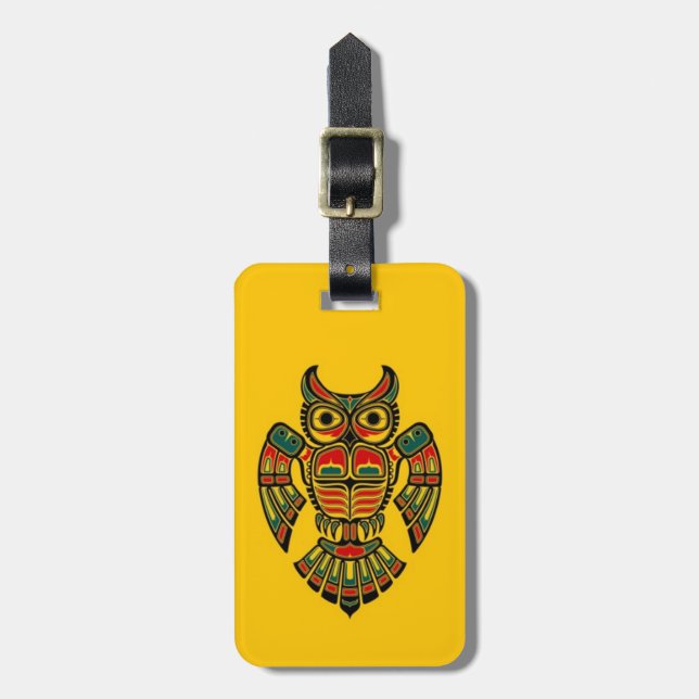 Rote und schwarze Haida-Geist-Eule auf Gelb Gepäckanhänger (Vorderseite vertikal)