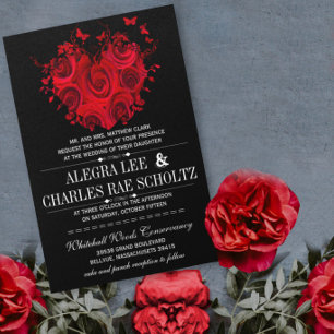 Rote und schwarze Herzrosen Schmetterling Hochzeit Einladung