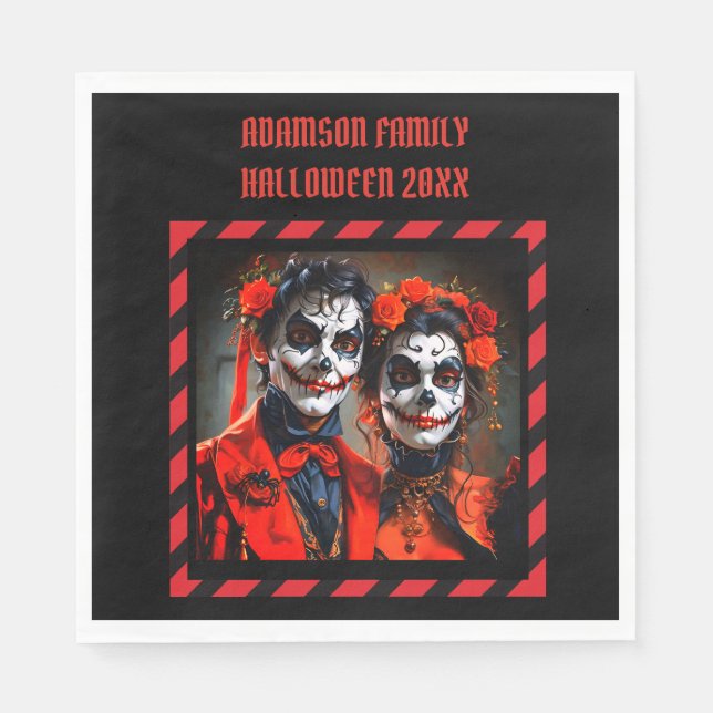 Rote und schwarze Karikatur Dia de los Muertos Paa Serviette (Vorderseite)