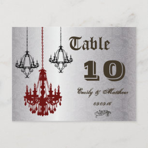Rote und schwarze Kronleuchter-Tischnummer Postkarte