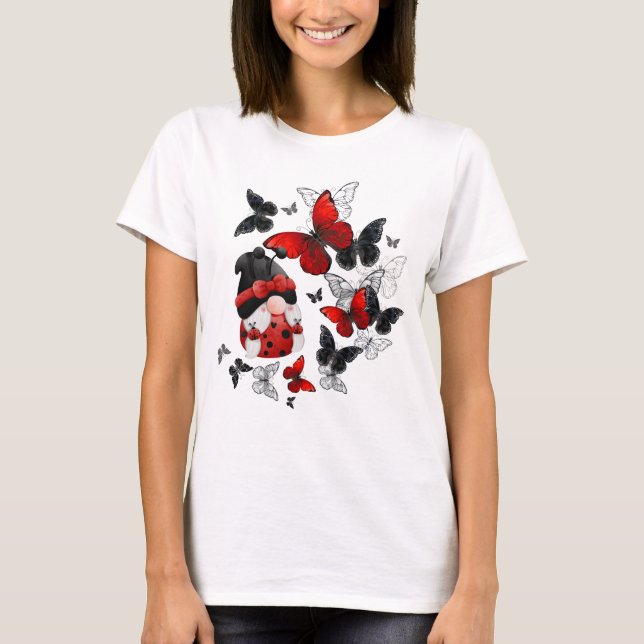 Rote und schwarze Ladybug Gnome mit Schmetterlinge T-Shirt (Vorderseite)