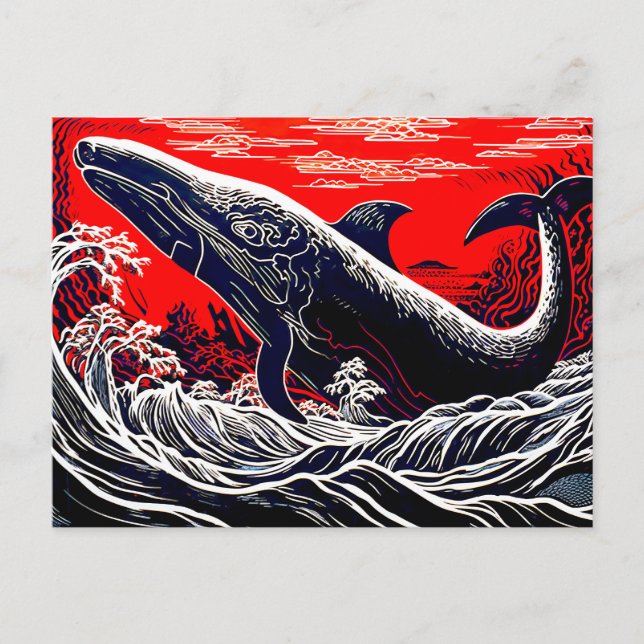 Rote und schwarze Linocut Sperm Whale Breach Postkarte (Vorderseite)