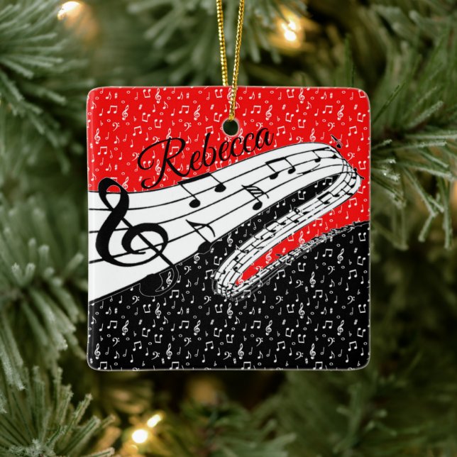 Rote und schwarze Musik personalisiert Keramikornament (Baum)