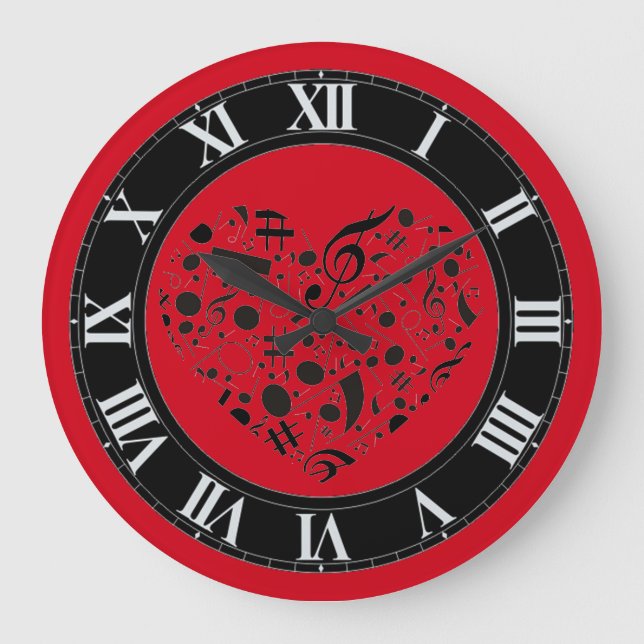 Rote und schwarze Musiknoten Herzklappen-Uhr Große Wanduhr (Vorderseite)