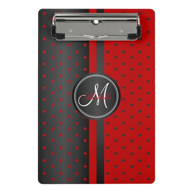 Rote und schwarze Polka-Punkte - Monogramm Mini Klemmbrett (Vorderseite)