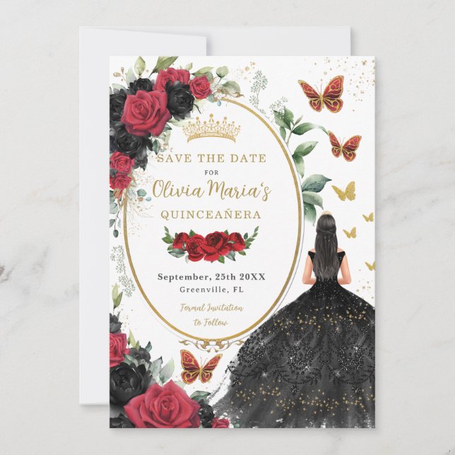 Rote und schwarze Rose Blumenquinceñera Save The Date (Vorderseite)