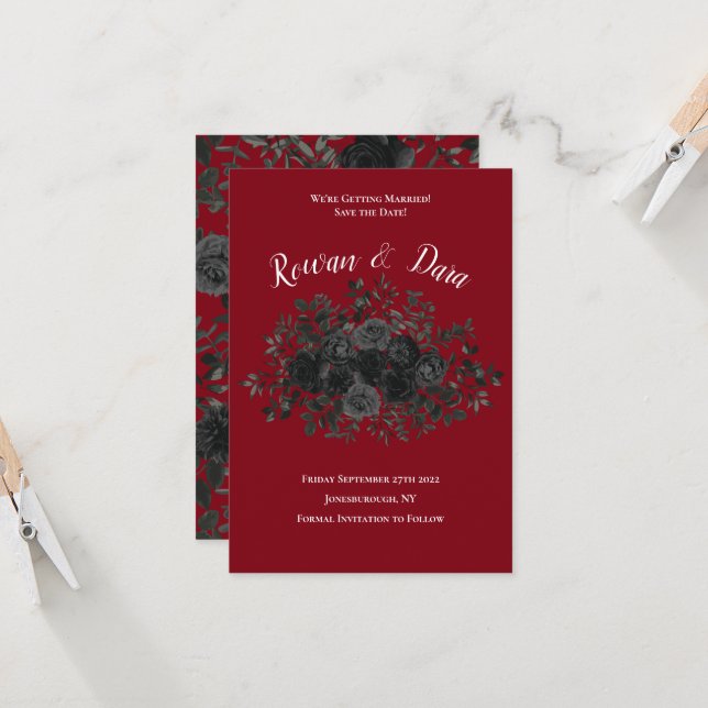 Rote und schwarze Rose Gothic Wedding Save the Dat Einladung (Vorderseite/Rückseite Beispiel)