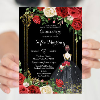 Rote und schwarze Rose Mis Quince Einladung
