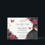 Rote und schwarze Rose Princess Gold Quinceañera Save The Date<br><div class="desc">Personalisieren Sie diesen hübschen rot-schwarz Blumenstrauß Quinceañera / Sweet 16 Geburtstag Save the Date einfach und schnell. Klicken Sie einfach auf die Schaltfläche "Weitere Einstellungen", um die Texte zu bearbeiten, Schriftart und Schriftart zu ändern. Mit einem Mädchen gekleidet in einem schönen glitzernden schwarzen Ball-Gown, lebhaften rot-schwarzen Rose, Schmetterlinge und Goldelemente....</div>