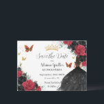 Rote und schwarze Rose Princess Gold Quinceañera Save The Date<br><div class="desc">Personalisieren Sie diesen hübschen rot-schwarz Blumenstrauß Quinceañera / Sweet 16 Geburtstag Save the Date einfach und schnell. Klicken Sie einfach auf die Schaltfläche "Weitere Einstellungen", um die Texte zu bearbeiten, Schriftart und Schriftart zu ändern. Mit einem Mädchen gekleidet in einem schönen glitzernden schwarzen Ball-Gown, lebhaften rot-schwarzen Rose, Schmetterlinge und Goldelemente....</div>