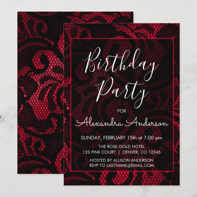 Rote und schwarze Satin-Spitzen jedes Alters Gebur Einladung (Vorne/Hinten)