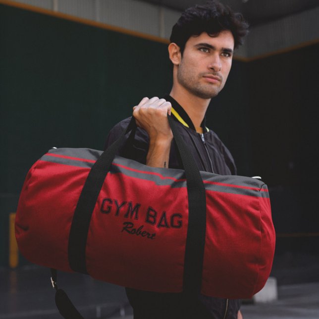 Rote und schwarze typografiebasierte Design-Gymtas Duffle Bag (Von Creator hochgeladen)