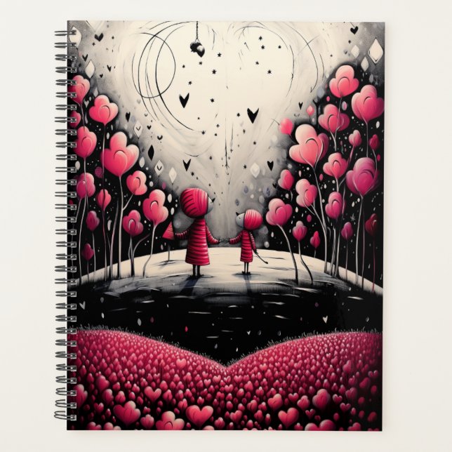 Rote und schwarze Whimsikale Mutter und Kinderherz Planer (Vorderseite)