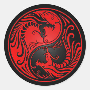 Rote und schwarze Yin Yang Drachen Runder Aufkleber
