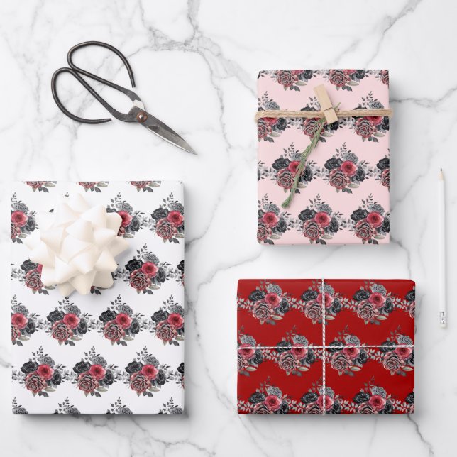 Rote und silberne elegante Blumen Geschenkpapier Set (Vorderseite)