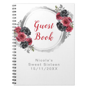 Rote und silberne elegante Blumen Sweet Sixteen Notizblock