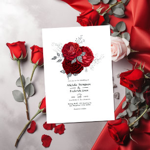 Rote und silberne florale Hochzeit Einladung