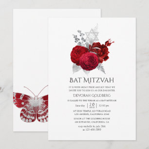 Rote und silberne Vintage-Rosen Bat Mizwa Einladung