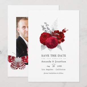 Rote und silberne Vintage-Rosen-Hochzeitsfoto Save The Date