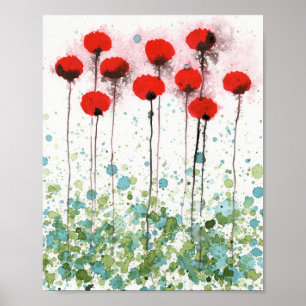 Rote und Türkisfarbene Mohnblumen, Aquarell-Blumen Poster
