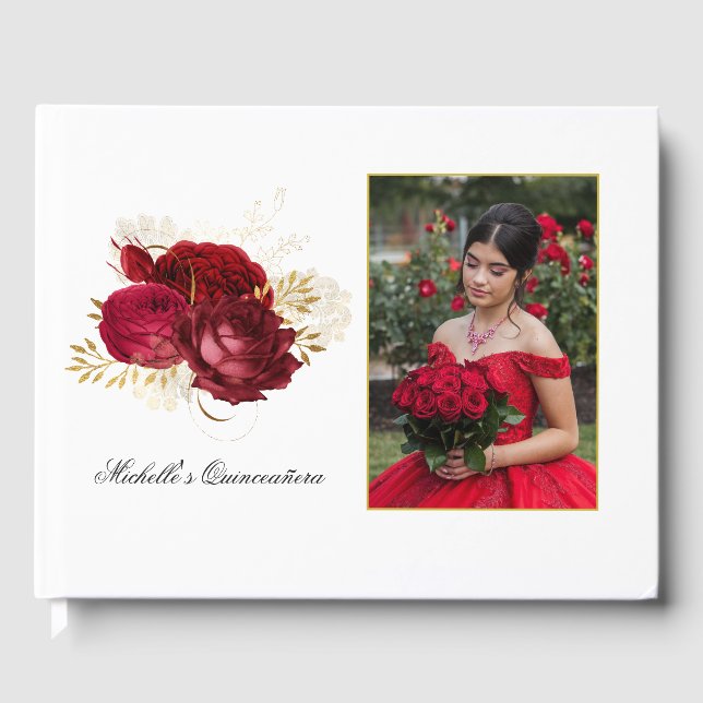 Rote und Vintage Rose Quinceañera Foto Gästebuch (Vorderseite)