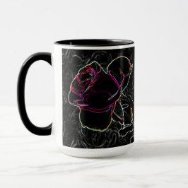 Rote und violette Neon-Rose mit Händen auf schwarz Tasse