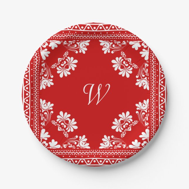 Rote und weiße Bandane mit Monogramm Pappteller (Vorderseite)