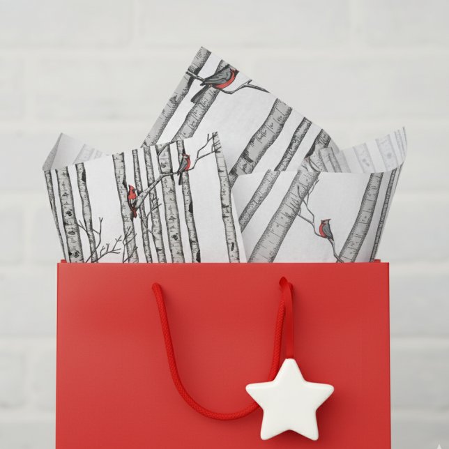 Rote und weiße Birkenbäume und Vögel des Roten Kar Seidenpapier (Festive Winter Woodland Tissue Paper. Rustic Birch Tree and Red Cardinal Bird Pattern for Christmas)