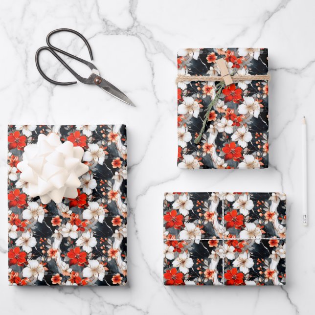 Rote und weiße Blume auf Marmor Geschenkpapier Set (Vorderseite)