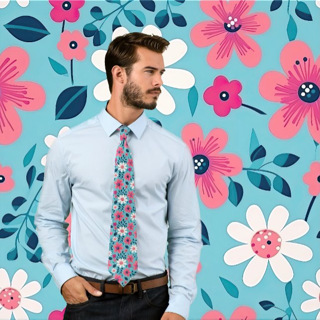 Rote und weiße Blumen-Design auf hellblau Krawatte (Man wears a floral design necktie featuring red and white flowers on a light blue.)