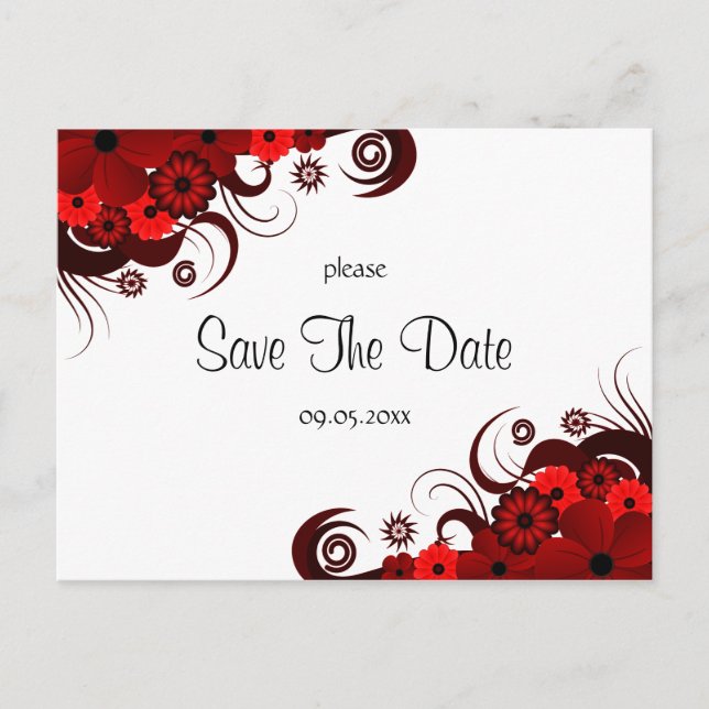 Rote und weiße Blumenkarten Save the Date Postkart Ankündigungspostkarte (Vorderseite)