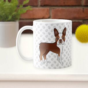 Rote und weiße Boston Terrier Cartoon Dog & Paws Kaffeetasse