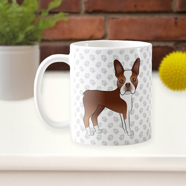 Rote und weiße Boston Terrier Cartoon Dog & Paws Kaffeetasse (Von Creator hochgeladen)
