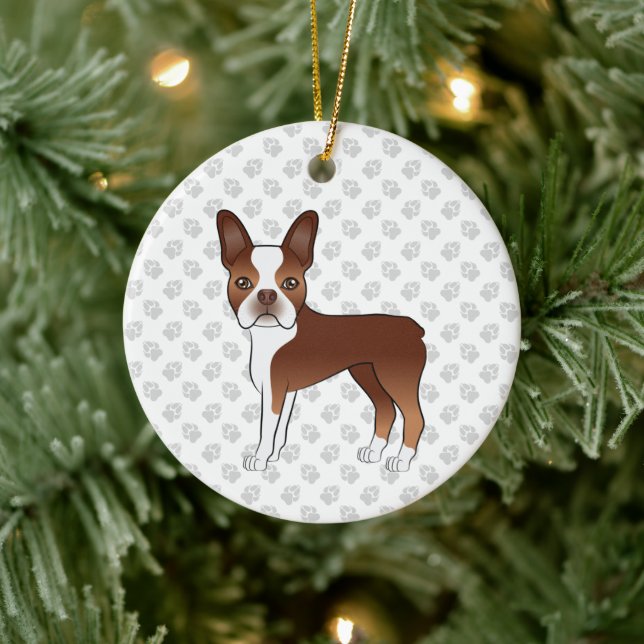 Rote und weiße Boston Terrier Cartoon Dog & Paws Keramik Ornament (Baum)