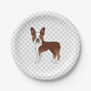 Rote und weiße Boston Terrier Cartoon Dog & Paws Pappteller