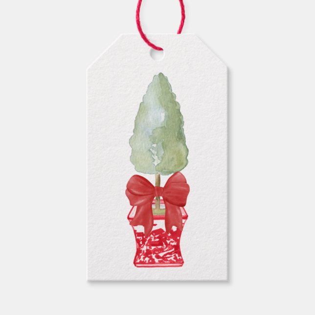 Rote und weiße Chinoiserie Topiary Holiday Geschenkanhänger (Vorderseite)