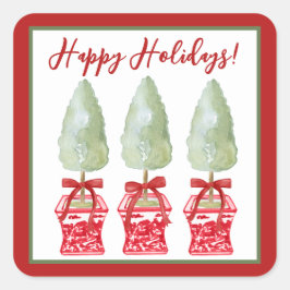 Rote und weiße Chinoiserie Topiary Holiday Quadratischer Aufkleber