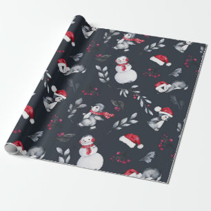 Rote und weiße Ferienpinguine & Snowmen Kohle Geschenkpapier